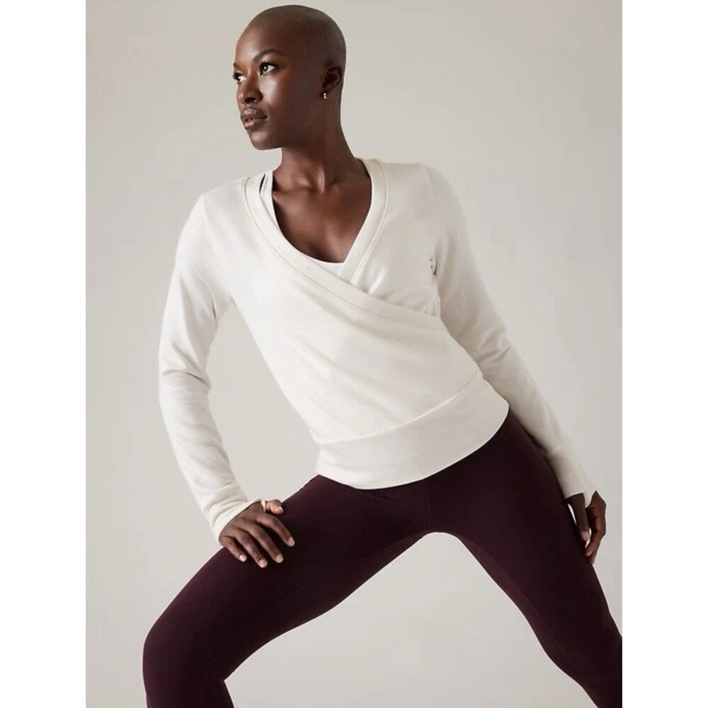 Athleta Recharge Womens Sweatshirt Cream XS Faux Wrap Athleisure Soft Balletcore